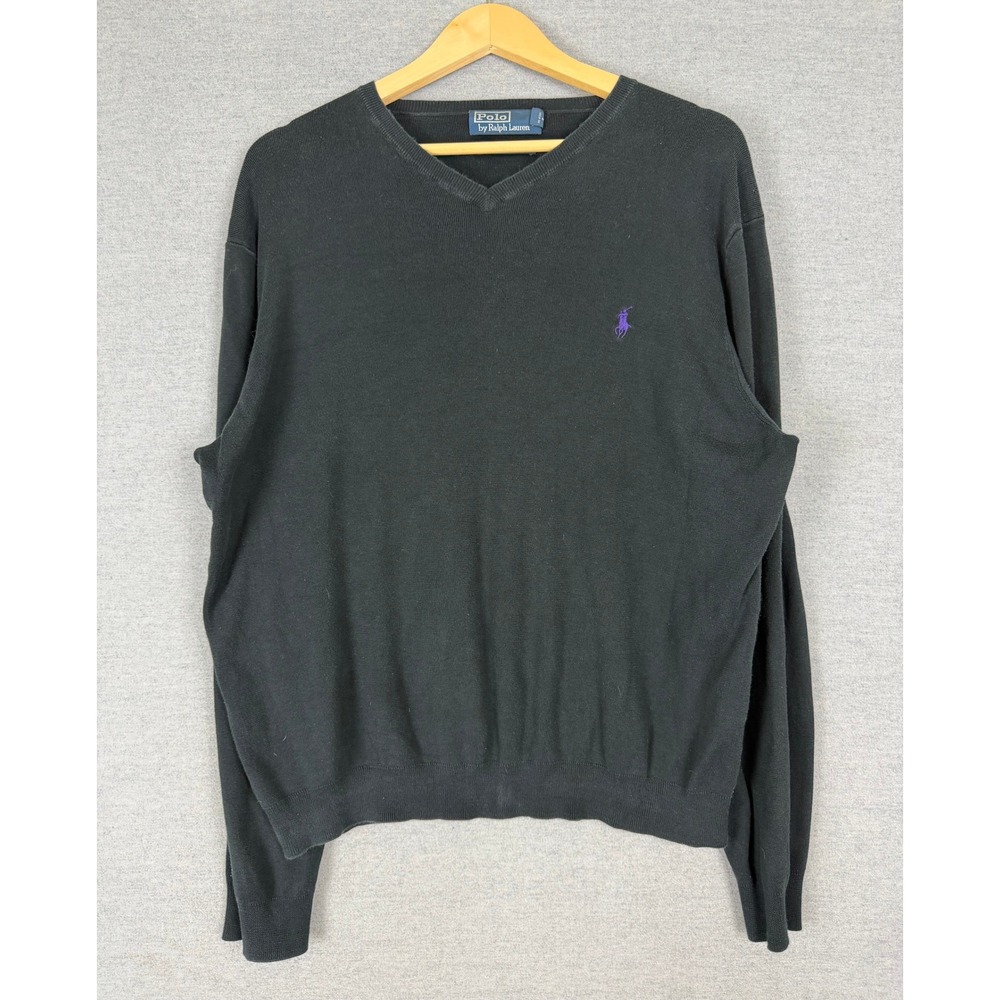 Polo Ralph Lauren Mens XXL Black Pima Cotton V-Neck Sweater Purple Pony Logo